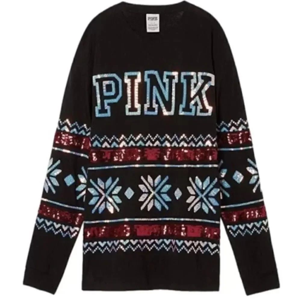 Victoria’s Secret Pink Bling Sequin Christmas Oversized tee shirt black